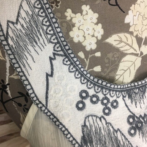 H.I.P. Embroidered Yoke Sheer Flowy Sleeveless Swing Tank Blouse Cream Gray - Picture 7 of 8
